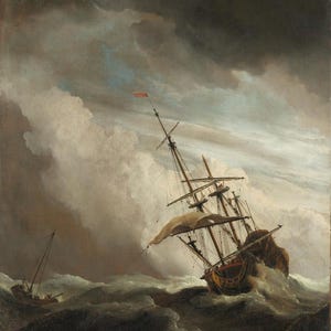 May include: A painting depicting a ship caught in a stormy sea. The vessel is being tossed about by the waves, and the sky is dark and stormy. A smaller boat can be seen in the distance, also being battered by the waves.