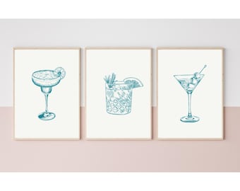 Cocktail Sketch Art Print Set: Blue Kitchen Bar Decor (Digital Download)