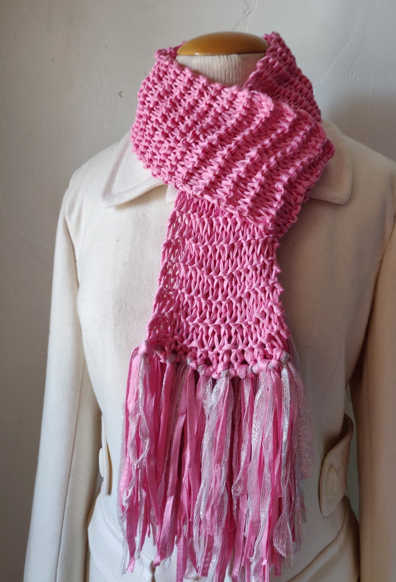 Pink knit ribbon yarn scarf silver pink fringe Bow neck tie Etsy