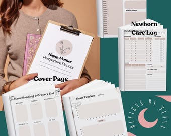 May include: A selection of postpartum planners and logs, including a cover page, daily check-in, newborn care log, meal planning and grocery list, and sleep tracker. The planners are white with minimalist designs and text, with the words "Happy Mother Postpartum Planner" visible.