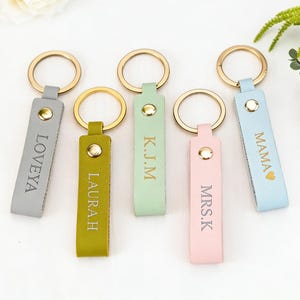 Può includere: Cinque portachiavi in pelle di vari colori: grigio, verde oliva, verde menta, rosa e azzurro. Ogni portachiavi ha un anello dorato ed è inciso con un nome o una parola in lettere dorate. Accenti floreali sullo sfondo.