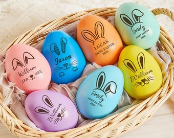 Personalized Colorful Wooden Easter Egg, Engraved Keepsake, Baby's First Easter Basket Filler