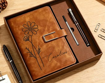 Engraved Birth Flower Leather Journal, Personalized Name Notebook Set, Graduation Gifts for Her
