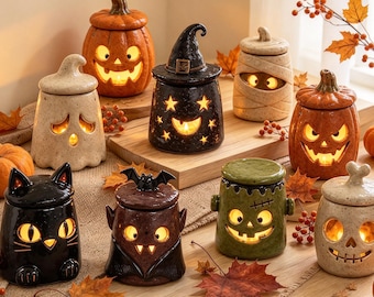 Handgefertigter Halloween-Kerzenhalter aus Keramik, gruseliger Kürbis-Geist-Wachswärmer, skurrile Geisterlaterne, Vintage-Halloween-Dekoration