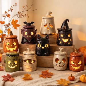 Handgemaakte keramische Halloween theelichthouders, griezelige pompoen spook waxbranders, rustieke herfstdecoratie, verlicht beeldje van een zwarte kattenschedel