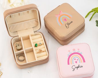 Personalized Rainbow Jewellery Case with Name, Leather Jewellery Box, Cute Gifts for Girls, Jewellery Storage Organizer, Christmas Gifts