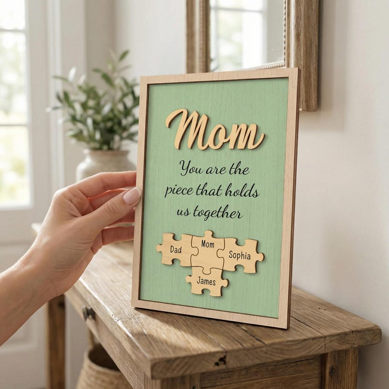 K&ouml;nnte beinhalten: Holzgerahmtes Schild mit hellgr&uuml;nem Hintergrund und dem Wort "Mom" in Schreibschrift. Der Text lautet: "Du bist das Puzzleteil, das uns zusammenh&auml;lt." Darunter Puzzleteile mit Namen.
