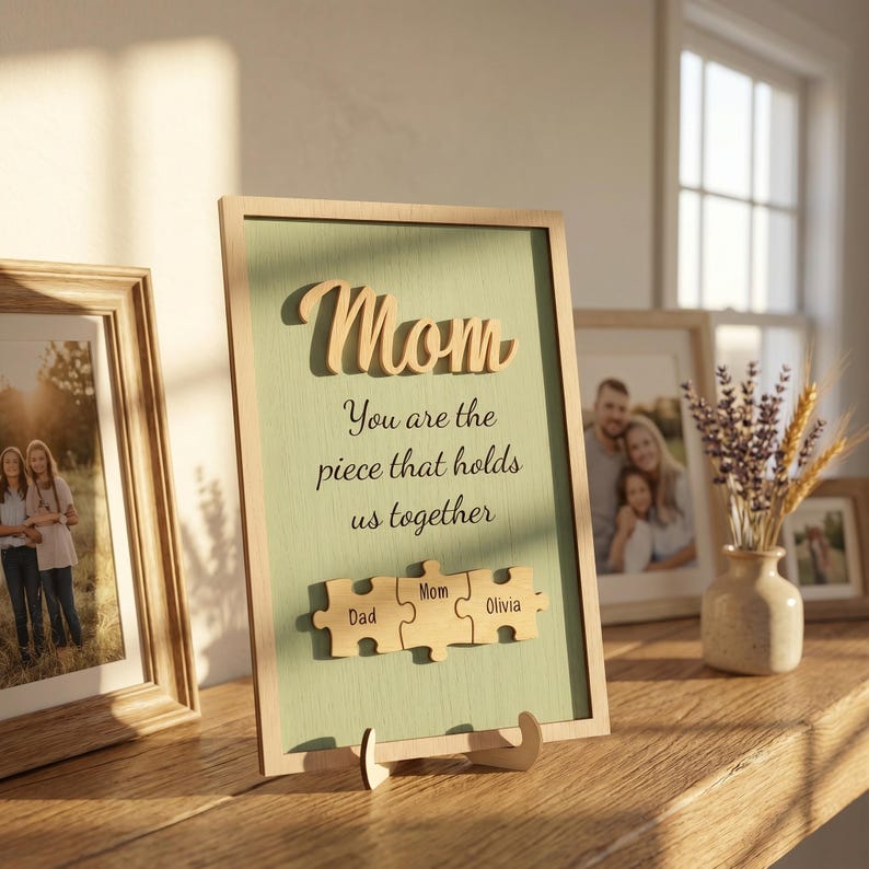 K&ouml;nnte beinhalten: Ein Holzschild mit dem Wort &bdquo;Mom&ldquo; in Schreibschrift. Das Schild tr&auml;gt den Text &bdquo;You are the piece that holds us together&ldquo; und drei Puzzleteile mit den Namen &bdquo;Dad&ldquo;, &bdquo;Mom&ldquo; und &bdquo;Olivia&ldquo;.