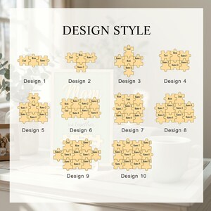 K&ouml;nnte beinhalten: Darstellung von zehn verschiedenen Puzzleteil-Designs, jedes mit Namen und den W&ouml;rtern "Mama" und "Papa". Die Designs sind hellbraun, mit schwarzem Text. Der Satz "Design Style" steht oben im Bild.
