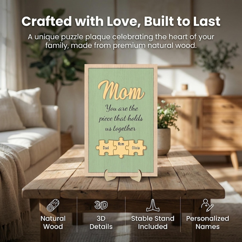 K&ouml;nnte beinhalten: Holztafel mit dem Wort "Mom" in Schreibschrift und dem Text "You are the piece that holds us together." Darunter Puzzleteile mit den Namen Dad, Mom und Olivia. Die Tafel steht auf einem Holzst&auml;nder.