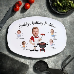 Personalized Dad&#39;s Grilling Platter, Custom Face Grilling Plate with Kids&#39; Names, Father&#39;s Day Gift, Funny Gift for Dad, Birthday Gift