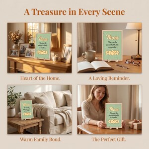 K&ouml;nnte beinhalten: Vier Bilder zeigen ein gerahmtes Schild mit dem Wort "Mom" und dem Text "You are the piece that holds us together." Das Schild wird in verschiedenen Heimumgebungen gezeigt, was eine Geschenkidee suggeriert.