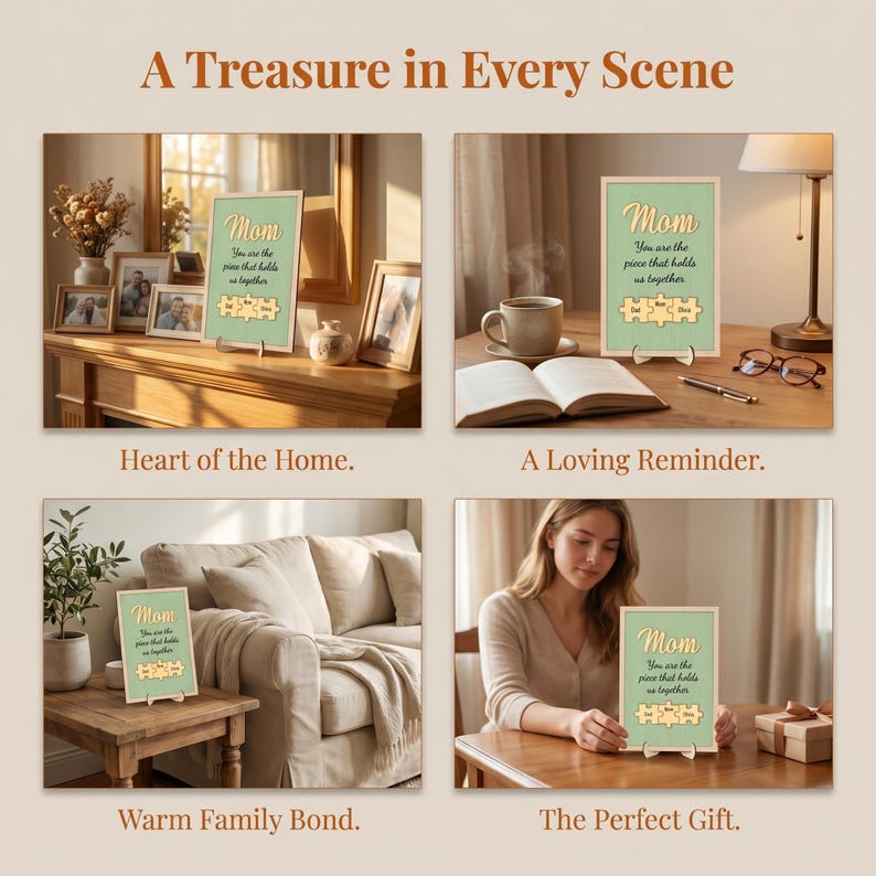 K&ouml;nnte beinhalten: Vier Bilder zeigen ein gerahmtes Schild mit dem Wort "Mom" und dem Text "You are the piece that holds us together." Das Schild wird in verschiedenen Heimumgebungen gezeigt, was eine Geschenkidee suggeriert.