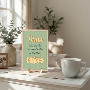 K&ouml;nnte beinhalten: Ein Holzschild mit gr&uuml;nem Hintergrund und hellem Holzrahmen. Auf dem Schild steht "Mom" in einer Schreibschrift, darunter der Text "Du bist das Puzzleteil, das uns zusammenh&auml;lt". Unten sind drei Puzzleteile mit den Namen "Dad", "Mom" und "Olivia".