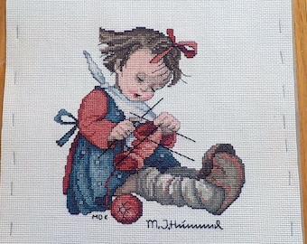 Hummul Needlework Wall Hanging, Girl knitting Socks Hummel Needlework,  Wall Hanging Nursery Decor, Vintage Cross Stitch Girl Doll