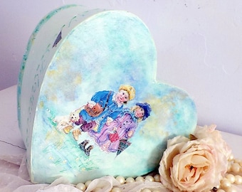 Heart Hand Painted Box for Storage, Spring Theme April, Childs Decoupaged Treasure Box, 7" by 7", Childs Birthday Gift