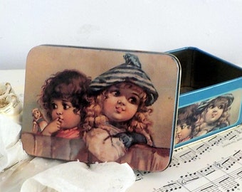 Vintage Small Collectible Tin with Children Theme, Lidded Metal Vintage Tin, Vintage Tin Organizer