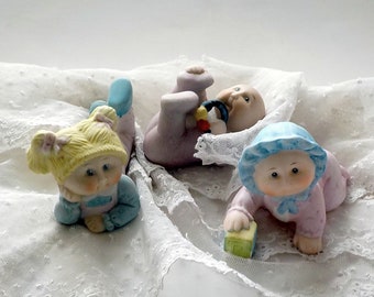 Baby Ornaments Collectible, Vintage Porcelain Bisque Cabbage Patch Baby Set of 3 Made In Taiwan 1984