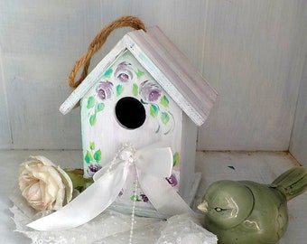 Wood Bird House Painted Roses, Garden Decor, Light Weight Painted Bird House, Painted Roses Striped Bird House