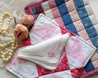 Vintage Quilted Patchwork Centerpieces, Patchwork Trivet, Embroidered Handkerchief , Set of Three Vintage Linens, Pink, White Blue
