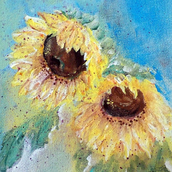Original Acrylic Sunflower Painting and Easel, Wedding Gift of Sunflower Painting