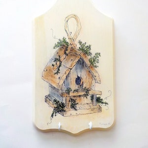 Vintage Wall Hooks Wooden Sketched Bird House Key Holder, Painted Wood Wall Decor. Cream 11 3/4" by 7" Wall Wood Piece with Hooks