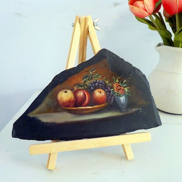 Fruit Oil Painting on Slate, Slate Painting of Fruit, on mailordervintage on etsy