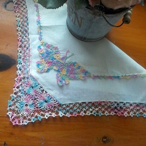 Two Fancy Handkerchiefs, Crochet Corner Butterfly Hanky, Crochet Multicolor Edged Hanky, Set of Two