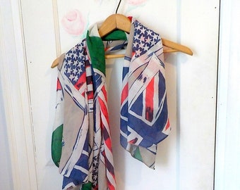 Vintage Large Scarf Shawl, Red Navy Beige Scarf, Flags American British Large Scarf, Window Cover,