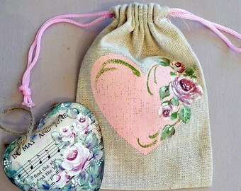 Small Hand Painted Wood Heart Wall Hanging with Painted Bag, Set of Two, Mixed Media Wall Hanging, Gift for Mom