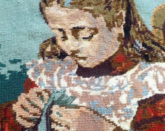 Finished Large Vintage Needlework Tapestry, Antique Coillection, Young Girl on Canvas Needlepoint, Wall Hanging