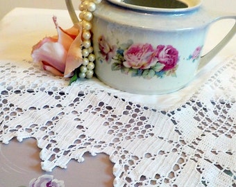 Vintage Small White Cotton Tablecloth Crochet Edge,  40 1/2" by 42", Handmade Card Table Tablecloth