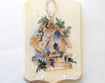 Vintage Wall Hooks Wooden Sketched Bird House Key Holder, Painted Wood Wall Decor. Cream 11 3/4" by 7" Wall Wood Piece with Hooks