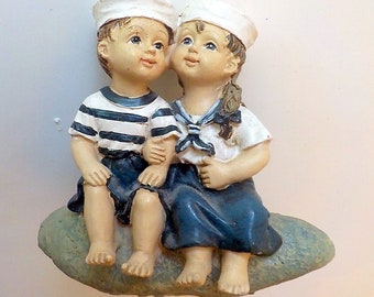Vintage Nursery Decor, Ceramic Children Ornament, Two Children at the Seashore Ornament, Garden Ornament, Nursery Decor