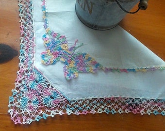 Two Fancy Handkerchiefs, Crochet Corner Butterfly Hanky, Crochet Multicolor Edged Hanky, Set of Two
