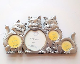 CAT Pewter Metal Picture Frame, Free Standing Metal Picture Frame 7" by 3 1/2", Four openings. Giftcraft Taiwan