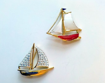 Two Sailboat Pins Brooches, Vintage Coro Sailboat White Red Gold, Glittery Sails Brooch,  Costume Jewelry Nautical