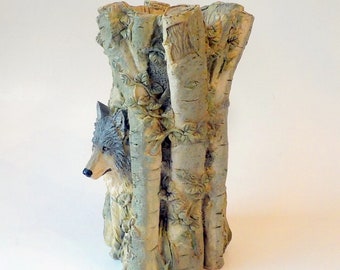 Wolf Head Green Candle Holder, 6 3/4" by 3 1/2", Wildlife cabin decor, Wolf Tea Light Candle Holder
