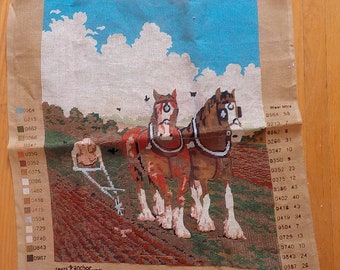Vintage WM Briggs Penelope Tapestry Wool Wall Hanging, Unfinished 'Brook Farm' Horses Needlework Canvas