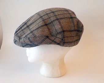 Vintage Plaid Snap Cap Hat, Brown Plaid Herringbone Unitaile Flat Pub Cap, Vintage Mens Accessories