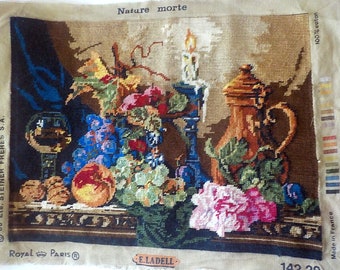 Still Life Tapestry E. Ladell 142 29, Nature, Completed Needlework Petit Point Wall Hanging, Royal Paris, 18 1/4" by 13 3/4"