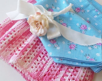 Vintage Pink Crochet Runner, Four Blue Roses Napkins, Handmade Crochet Dresser Scarf, 41" by 9", by mailordervintage on etsy