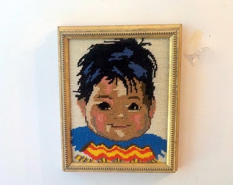 Framed Needlework of Indigenous Boy, 9 1/2" by 7 3/4",  Native Boy on Canvas Needlework, Native American Needlepoint