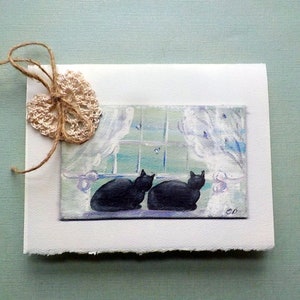 Two Black Tuxedo Cats Card, Crochet Heart, All Occasion Painted Print Cat Card,  Card for Cat Lovers , Gift for Cat Owner