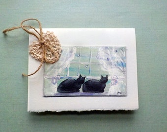 Two Black Tuxedo Cats Card, Crochet Heart, All Occasion Painted Print Cat Card,  Card for Cat Lovers , Gift for Cat Owner