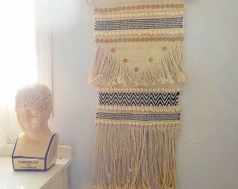 Vintage Fiber Art Wall Hanging, Macrame Rope Fringed Wall Decor, Bohemian Home Decor