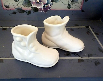 Pottery Baby Shoe Planters  Booties, 1977 M Kitchen Booties, White Baby Ceramic Booties Nursery Decor