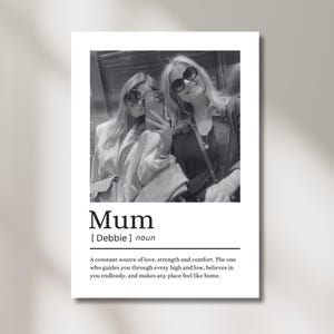 May include: Black and white print featuring a selfie of two women wearing sunglasses. The word "Mum" is printed below the photo, along with a definition. The definition describes a mother as a source of love, strength, and comfort.