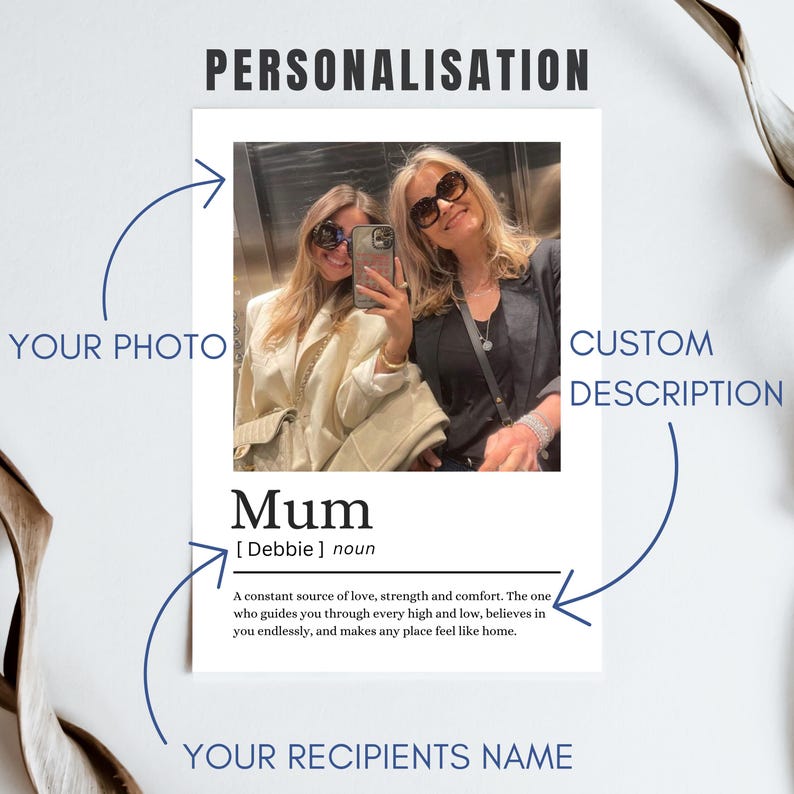 May include: A personalized photo print featuring a selfie of two women wearing sunglasses. The print includes the word "Mum" with a definition and the text "Personalisation", "Your Photo", "Custom Description", and "Your Recipients Name".