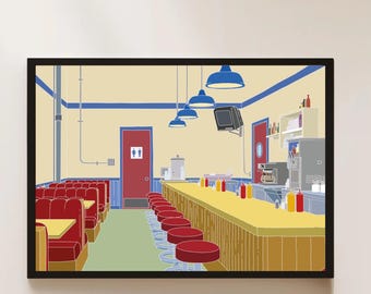 Impresión del restaurante Bob's Burgers: escena de restaurante dibujada a mano